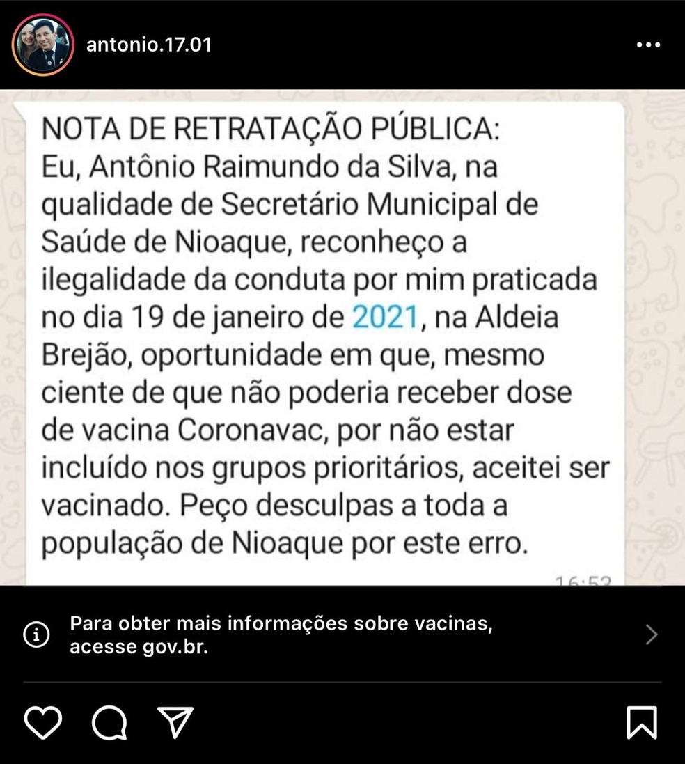 Secretário de saúde de Nioaque, Antônio Raimundo da Silva, já publicou nota de retratação nas redes sociais — Foto: Redes Sociais/Reprodução