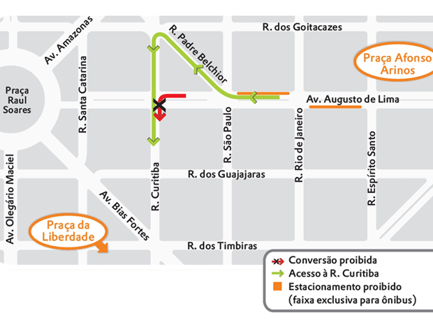 Mapa mostra trajeto que motoristas devem fazer após a mudança realizada pela BHTrans. (Foto: BHTrans/Divulgação)