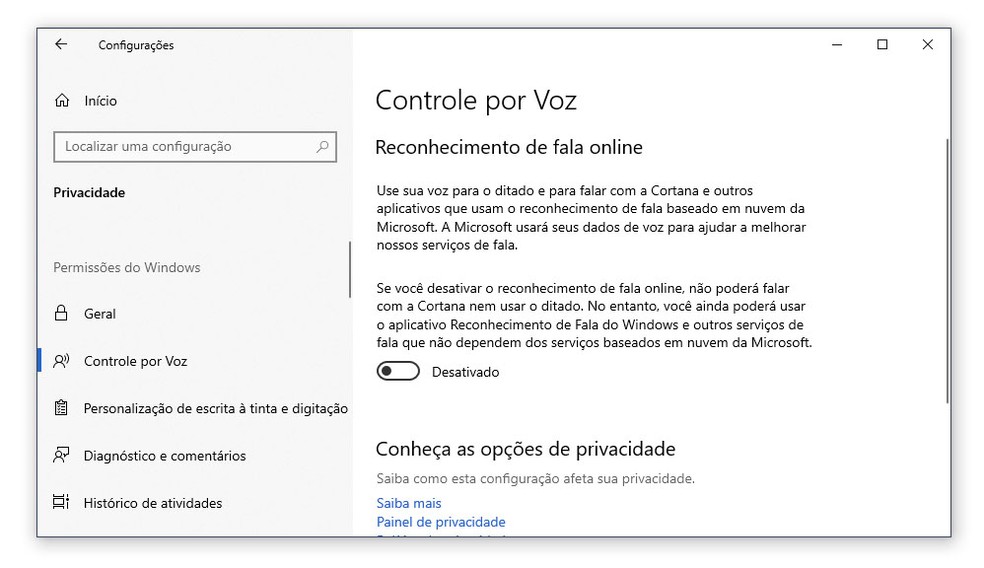 Desativando o reconhecimento de fala online no Windows 10. — Foto: Reprodução