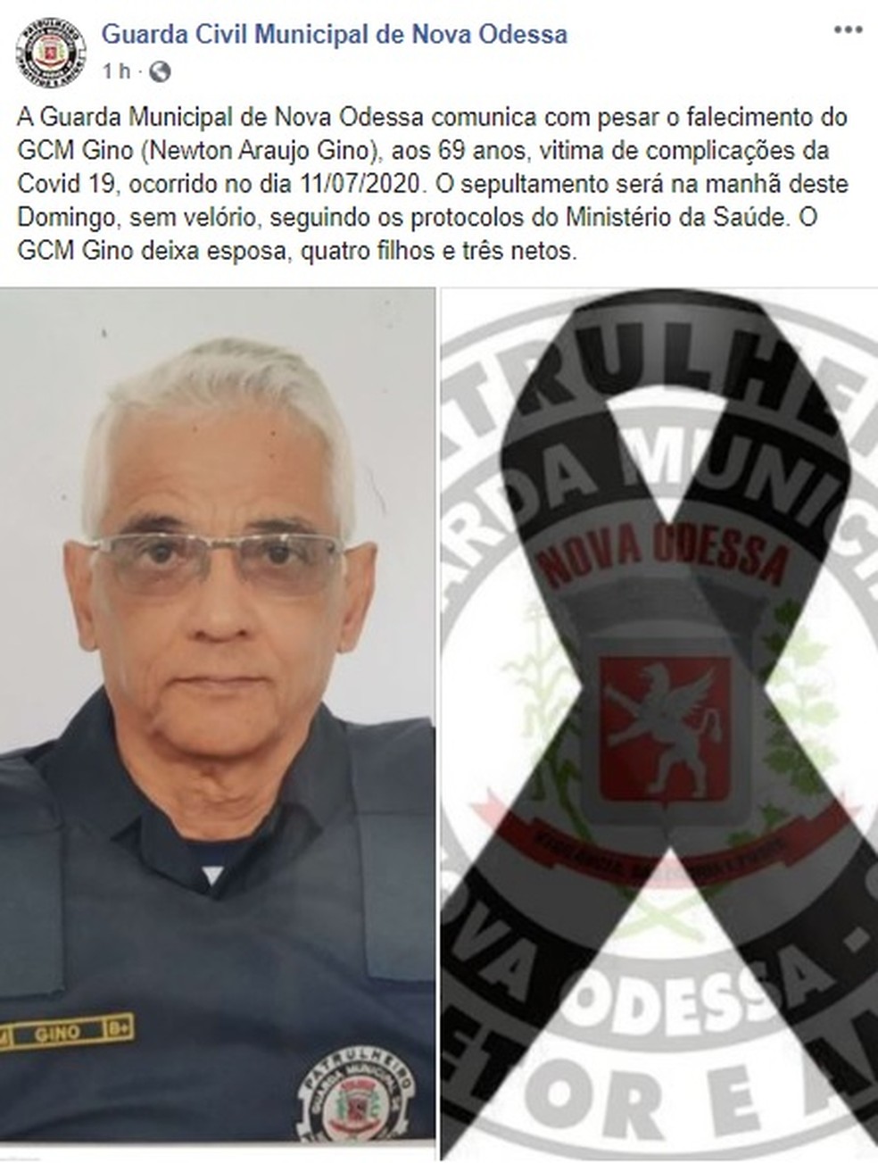 Nota de pesar da Guarda de Nova Odessa sobre a morte do GCM &mdash; Foto: Reprodu&ccedil;&atilde;o/ Facebook