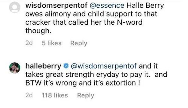 O comentário da atriz Halle Berry expressando seu incômodo com a pensão paga por ela ao modelo Gabriel Aubry, pai da filha dela (Foto: Instagram)