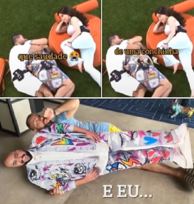 Arthur Aguiar deita de conchinha com Tiago Abravanel em gramado da casa do BBB; Fernando Poli reage e abraça totem do ator (Foto: Reprodução/Instagram)