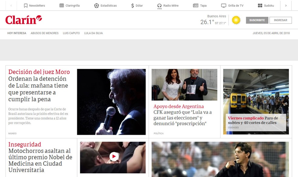 Site do jornal argentino 'Clarín' noticia mandado de prisão de Lula (Foto: Reprodução/ Clarin.com)