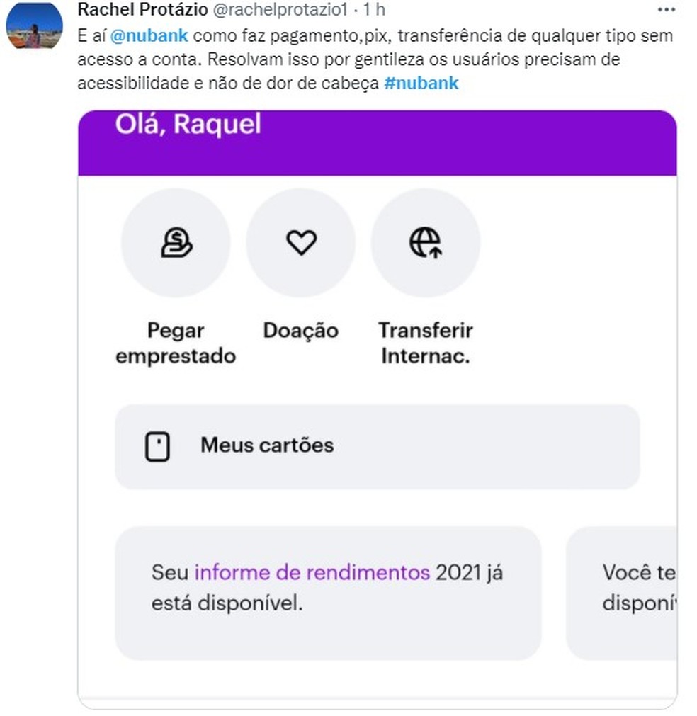 Usuários pedem explicações ao Nubank no Twitter após instabilidade no app do banco — Foto: Reprodução