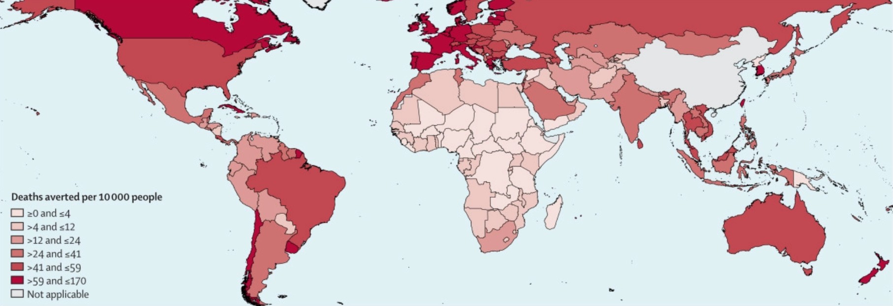 Mapa com mortes evitadas a cada 10.000 pessoas ao redor do mundo  (Foto: The Lancet)