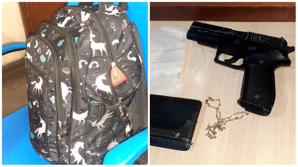 Mochila da vítima foi recuperada pelos policiais; simulacro de pistola estava sendo usado por assaltantes  Foto: Daniele Gambôa/TV Tapajós