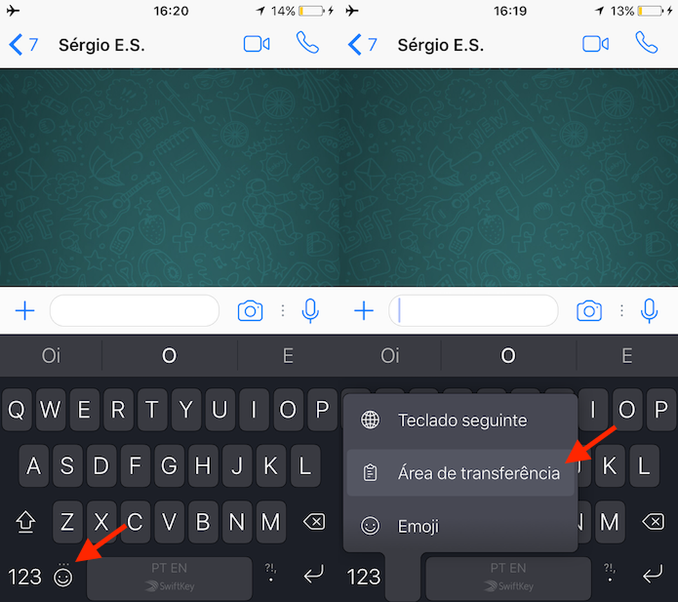 Caminho para acessar a tela de textos na área de transferência do teclado SwiftKey para iPhone (Foto: Reprodução/Marvin Costa)