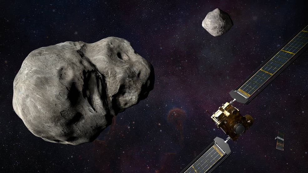 Ilustração da nave DART, da Nasa, perto do dupla Dimorphos-Didymos. — Foto: NASA/Johns Hopkins APL/Steve Gribben