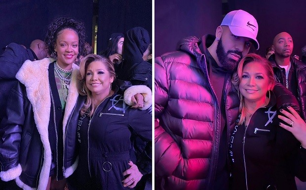 Rihanna e Drake posaram com a mesma fã em evento em Nova York (Foto: Reprodução/Twitter)