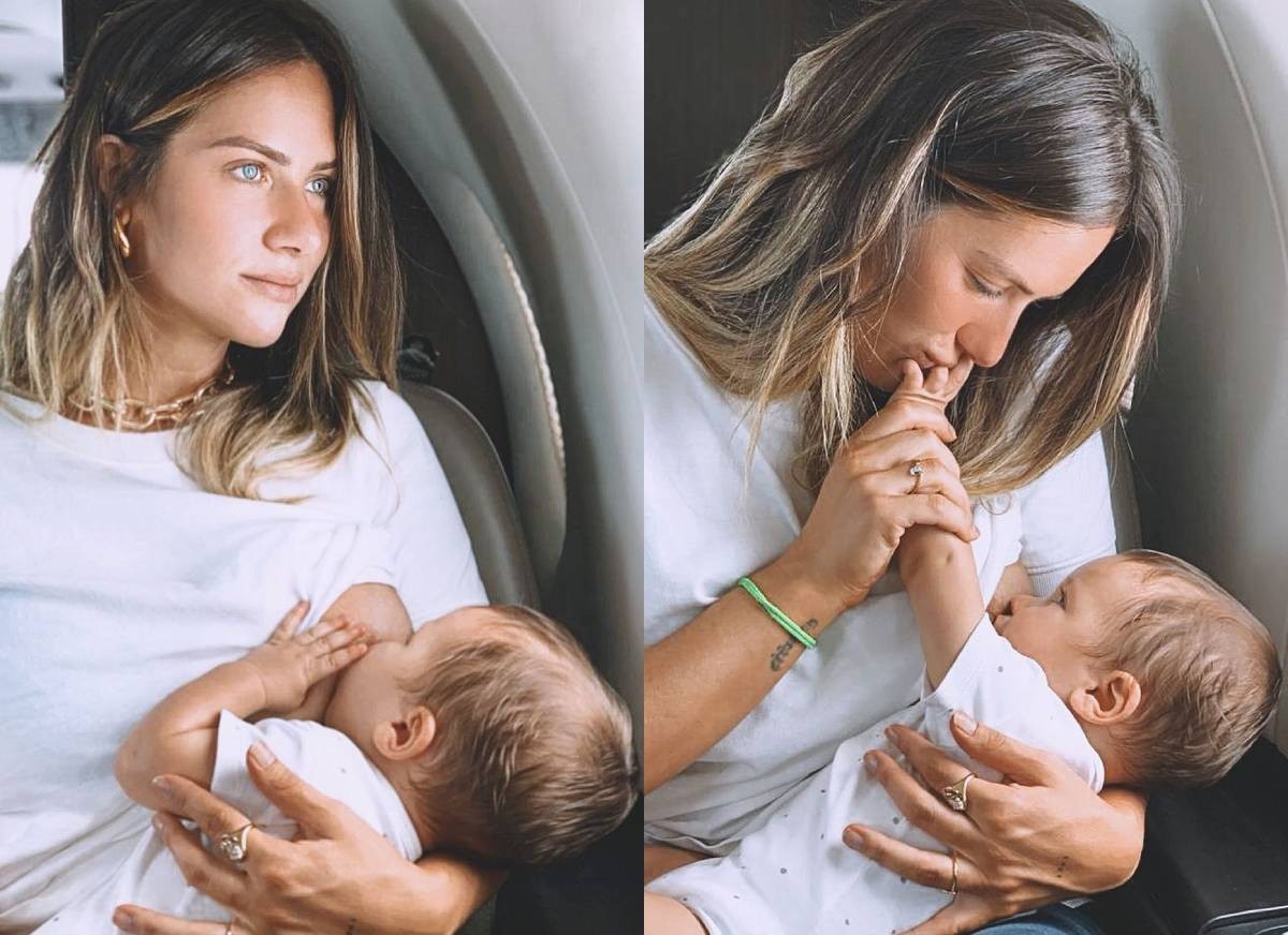 Giovanna Ewbank amamenta Zyan em jatinho: