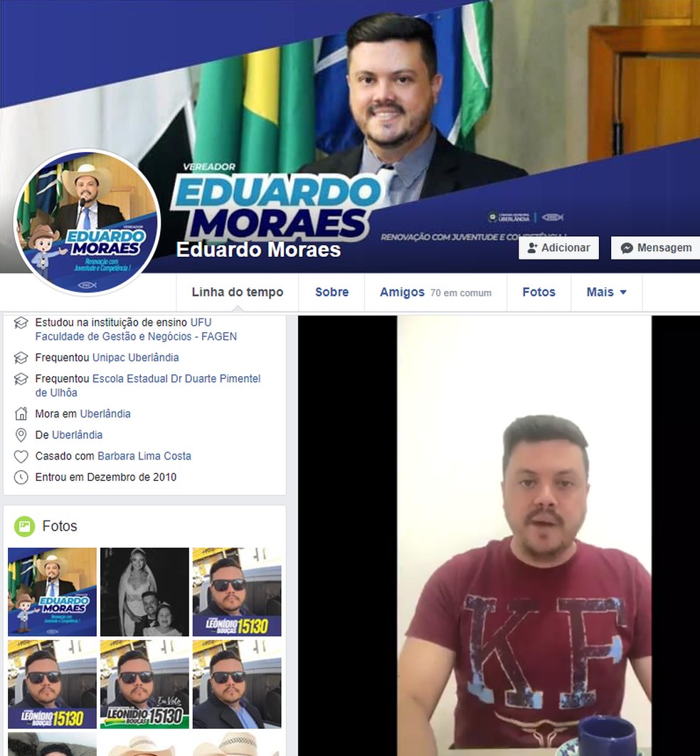 Vereador Eduardo Moraes divulga vídeo no Facebook falando sobre o teste positivo do coronavírus — Foto: Reprodução/Facebook
