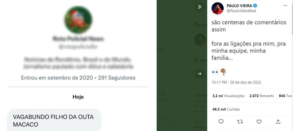 Paulo Vieira expõe ataques racistas   — Foto:   Reprodução/Twitter