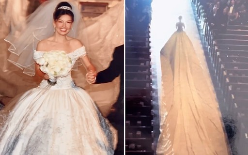 Thalia relembra casamento e vestido ostentação de cauda gigante rouba a cena