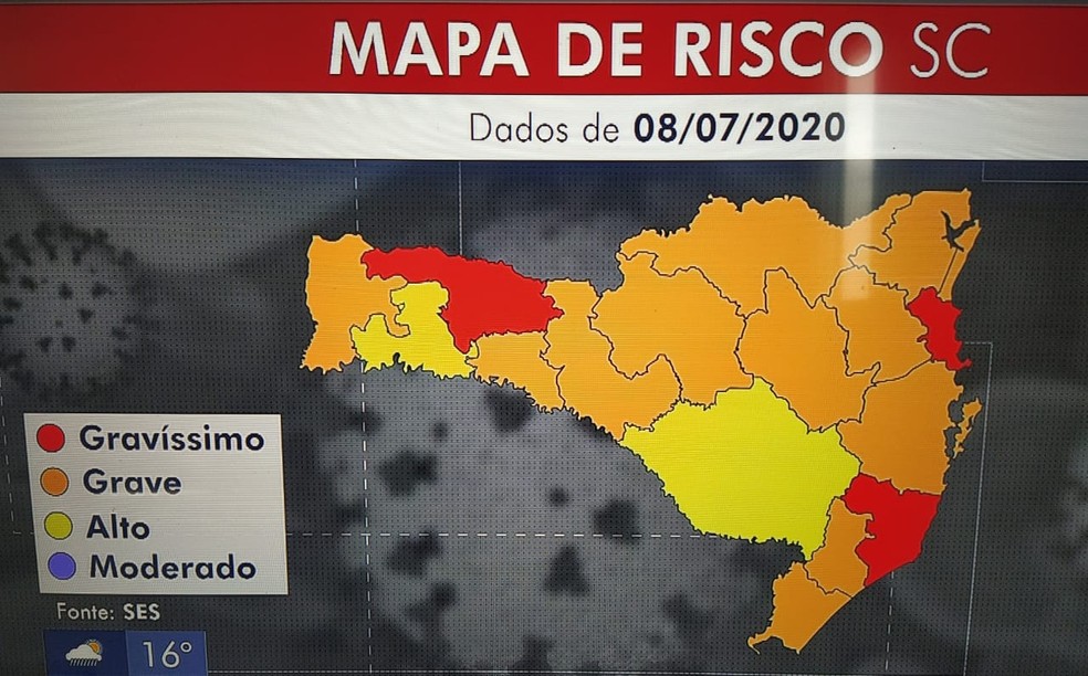 Mapa de risco por causa do coronavírus em SC — Foto: NSC TV/Reprodução