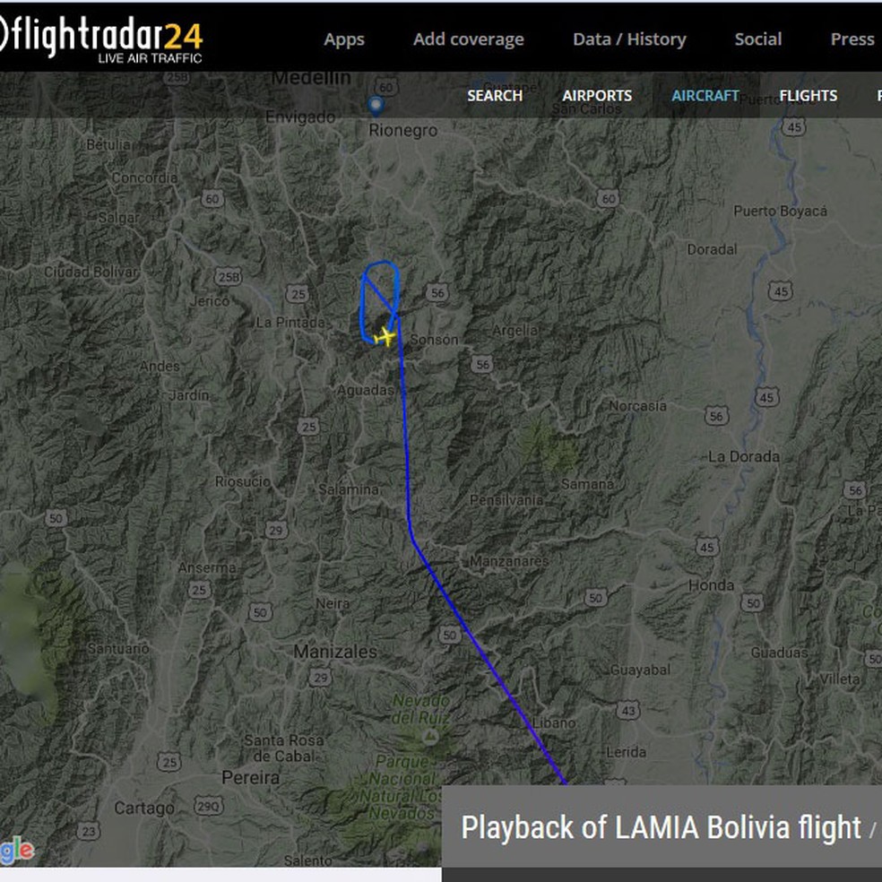 Site Flight Radar mostra rota do avião que caiu com time do Chapecoense (Foto: Reprodução)