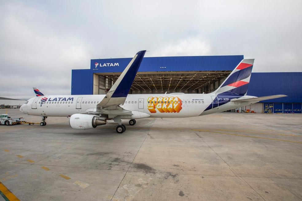 Avião fretado pela influenciadora digital Gessica Kayane é um Airbus A321 da Latam e tem capacidade para 216 passageiros. — Foto: Divulgação