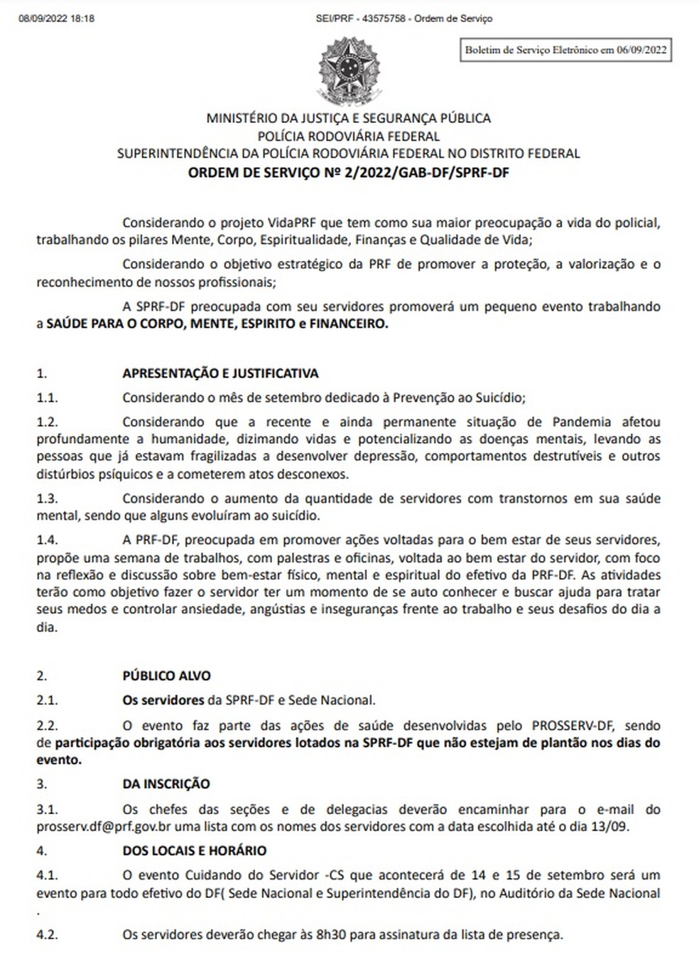 Trecho de ofício enviado pelo chefe da PRF em Brasília aos servidores do órgão obrigando os agentes a irem a um evento com mensagens religiosas — Foto: Reprodução