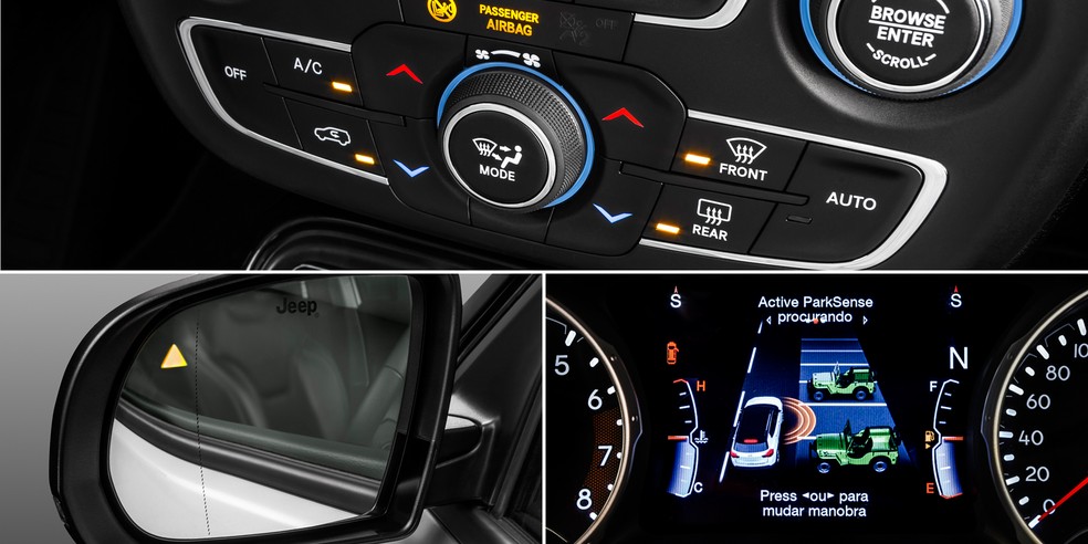 Jeep Compass tem ar-condicionado de duas zonas, estacionamento autônomo e alerta de ponto cego — Foto: Divulgação
