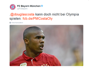 Douglas Costa fora Olimpíada Twitter Bayern (Foto: Reprodução) Douglas Costa fora Olimpíada Twitter Bayern (Foto: Reprodução)