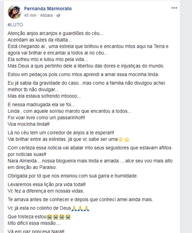  Fernanda Marmorato, admiradora e amiga de Nara, faz post após saber do morte de influencer (Foto: Reprodução/Facebook)