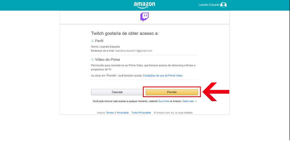 Permita que a Twitch TV tenha acesso à conta da Amazon Prime Video — Foto: Reprodução/Leandro Eduardo