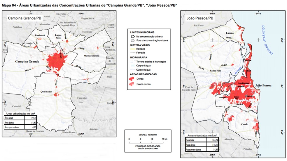 Mapas mostram áreas urbanizadas de João Pessoa e Campina Grande (Foto: Reprodução/Áreas Urbanizadas do Brasil 2015)