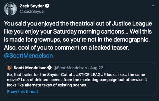 A discussão do diretor Zack Snyder com o jornalista que reclamou do trailer de sua versão para Liga da Justiça (2017) (Foto: Twitter)