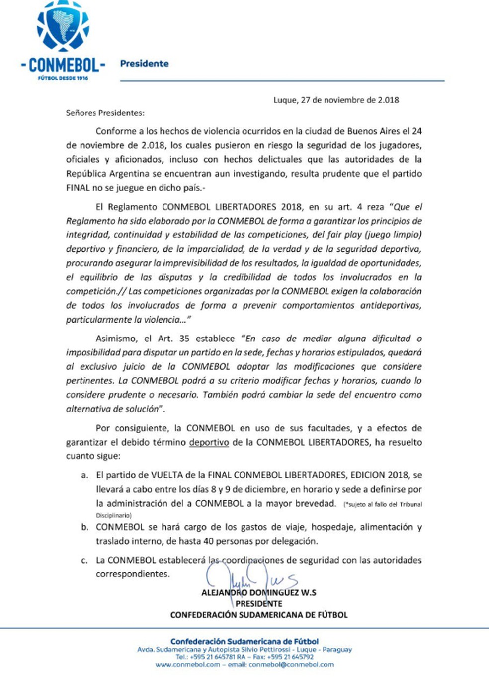 Carta da Conmebol sobre a final da Libertadores — Foto: Reprodução