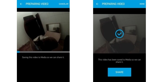 GoPro App salvando vídeo no celular à esquerda e, à direita, pronto para compartilhar (Foto: Reprodução/Raquel Freire)