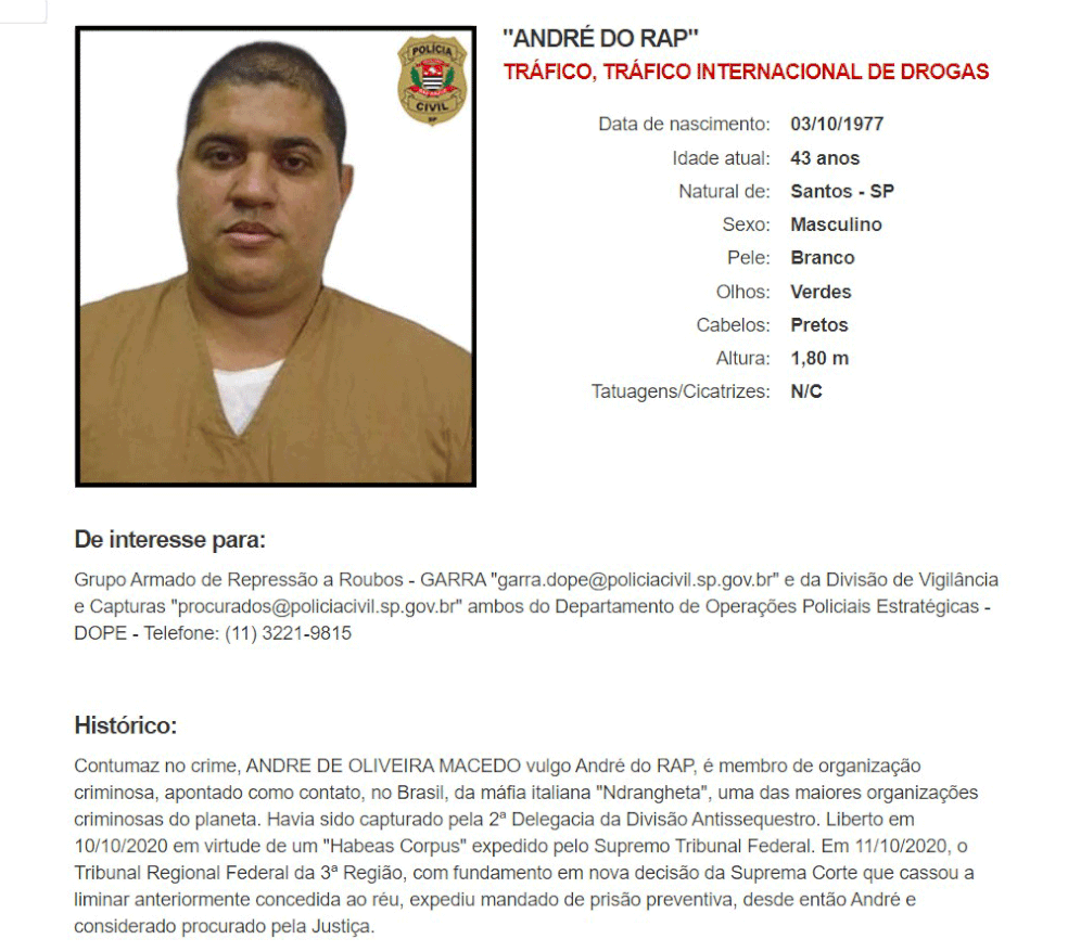 André do Rap entra na lista de mais procurados da polícia de SP — Foto: Reprodução/Polícia Civil de SP