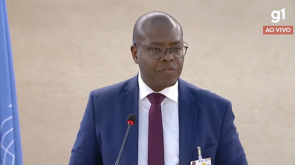 O ministro dos Direitos Humanos e da Cidadania, Silvio Almeida, discursa na ONU, em 27 de fevereiro de 2023 — Foto: g1
