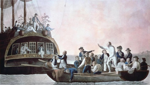 O cinematográfico 'motim do HMS Bounty' ocorreu quando o tenente William Bligh transportava fruta-pão do Taiti para o Caribe (Foto: Universal Images Group/Getty Images via BBC)