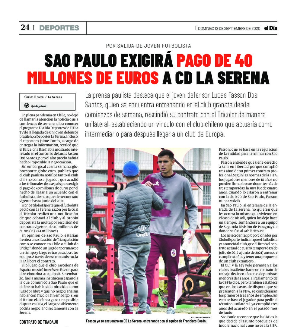 Jornal chileno El Día mostra Fasson, ex-São Paulo, treinando no La Serena — Foto: Reprodução