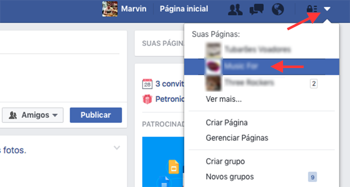 Opção para acessar uma página do Facebook como administrador (Foto: Reprodução/Marvin Costa)