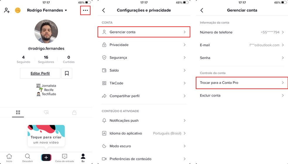 Como transformar uma conta comum em TikTok Pro — Foto: Reprodução/Rodrigo Fernandes