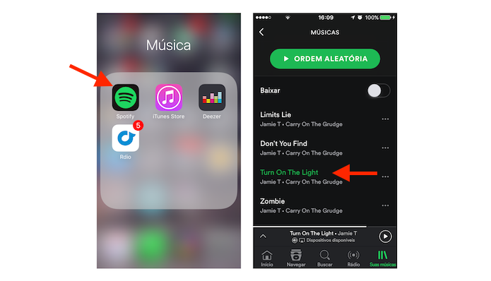 Reprodução de uma música no Spotify para que ela apareça na central de controle do iOS 10 (Foto: Reprodução/Marvin Costa)