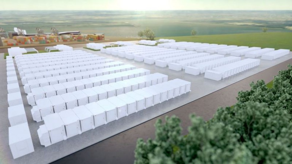 Representação do que será a maior instalação de armazenamento de bateria do Reino Unido, com 320 megawatts de capacidade — Foto: Intergen via BBC
