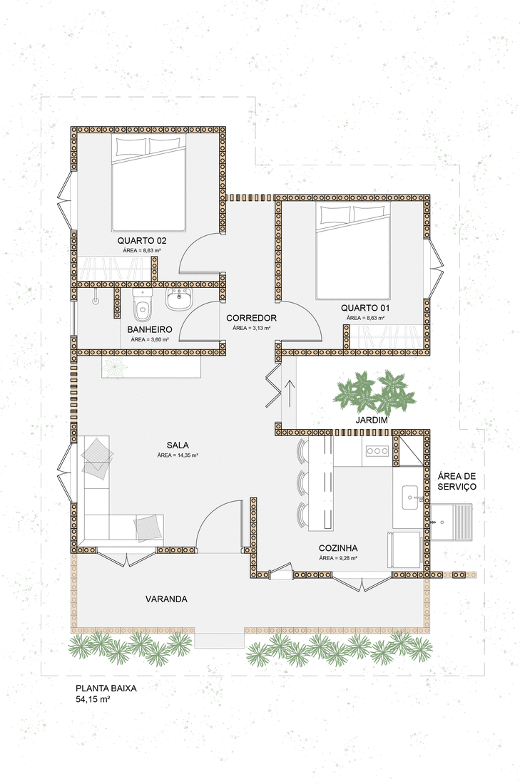 A casa tem 54,15m² (2 quartos, 1 banheiro, 1 cozinha, uma sala e uma varanda) e pode aumentar o número de quartos quando a família crescer (ampliação) de 54,15m² para 63,74m² (Foto: Divulgação/ Projeto de Manacá Arquitetura da Experiência)