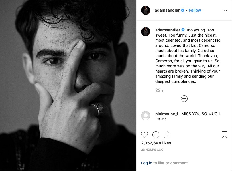 O post de Adam Sandler lamentando a morte do ator Cameron Boyce (Foto: Instagram)