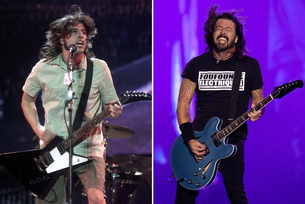 O vocalista Dave Grohl, do Foo Fighters, no Rock in Rio 3, em 2001, e na edição de 2019 — Foto: L.C. Leite/Estadão Conteúdo/Arquivo; Marcelo Brandt/G1