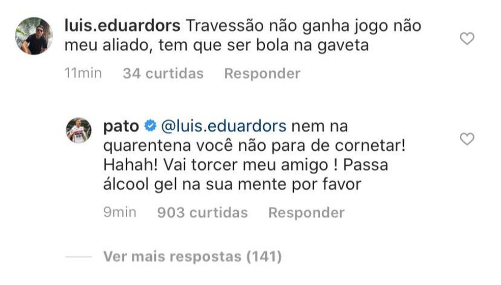 Alexandre Pato, do São Paulo, responde torcedor nas redes sociais — Foto: Reprodução