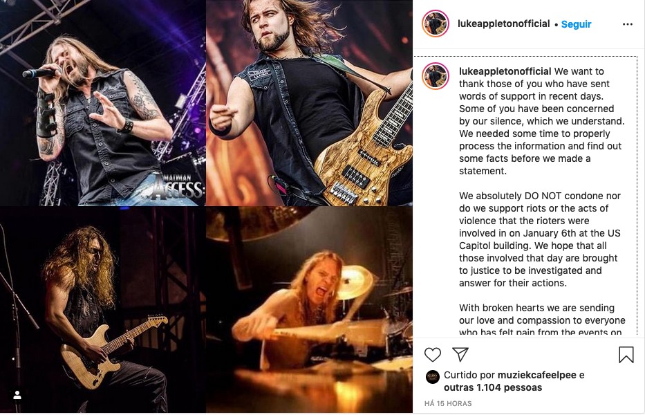 O post dos músicos do Iced Earth lamentando a presença de Jon Schaffer na invasão do Capitólio (Foto: Instagram)