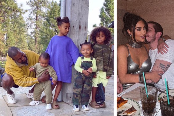 Kanye West com os quatro filhos; Kim Kardashian e Pete Davidson (Foto: Reprodução/Instagram)