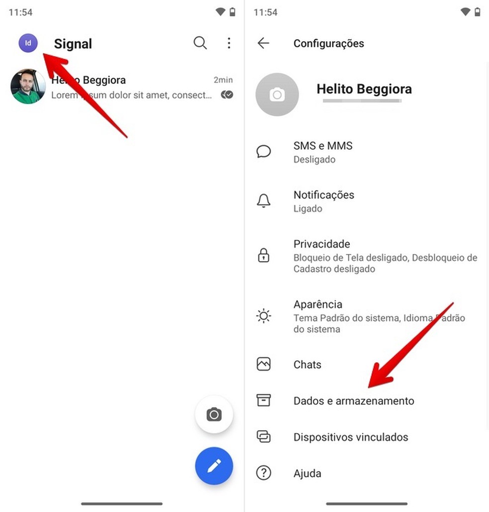 Acesse as configurações do Signal — Foto: Reprodução/Helito Beggiora