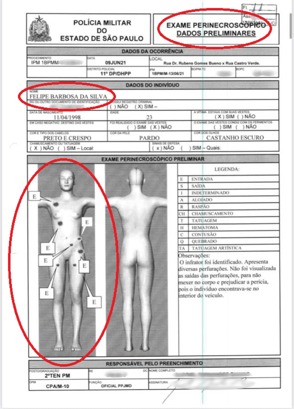 Cópia do documento feito pela Polícia Militar (PM) mostra que Felipe Barbosa da Silva teve sete perfurações de tiros no corpo — Foto: Reprodução/Polícia Militar de SP