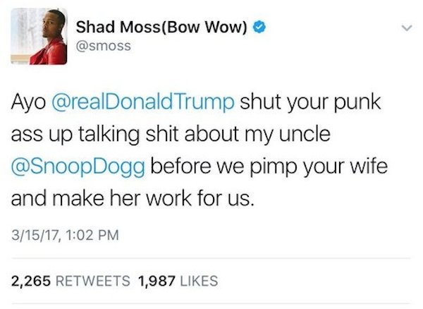 A mensagem polêmica compartilhada por Bow Wow, mencionando Snoop Dogg, Donald Trump e Melania Trump (Foto: Twitter)