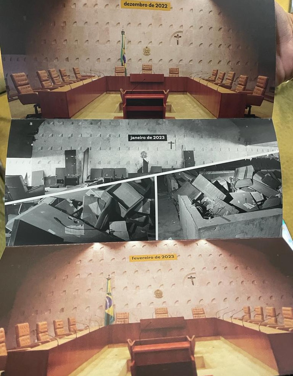 Encarte mostra plenário antes e após atos de vandalismo, e após restauração — Foto: Márcio Falcão/TV Globo