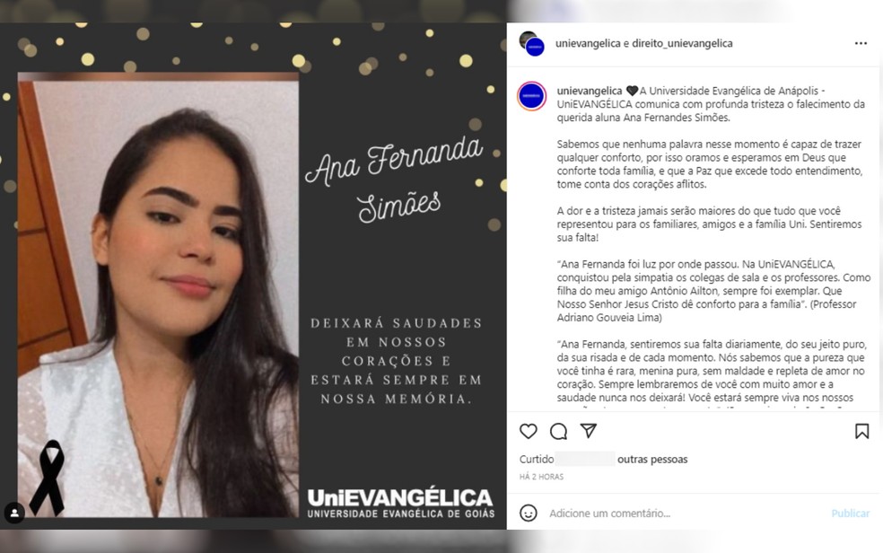 Universidade Evangélica de Anápolis, onde jovem estudava, postou nota de pesar pela morte dela, em Goiás — Foto: Reprodução/Redes sociais