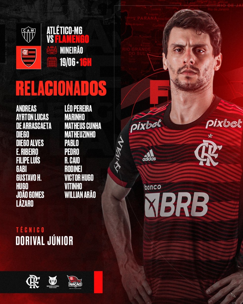 Os relacionados do Flamengo para enfrentar o Atlético-MG — Foto: Reprodução