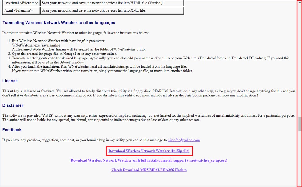 Download do Wireless Network Watcher é feito na página oficial do software — Foto: Reprodução/Gabriel Pereira